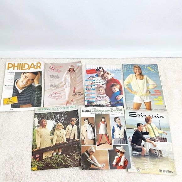 Knitting Sewing Magazines Aran Irish Knits Spinnerin Phildar Lot Vintage 60s 80s - Picture 1 of 12